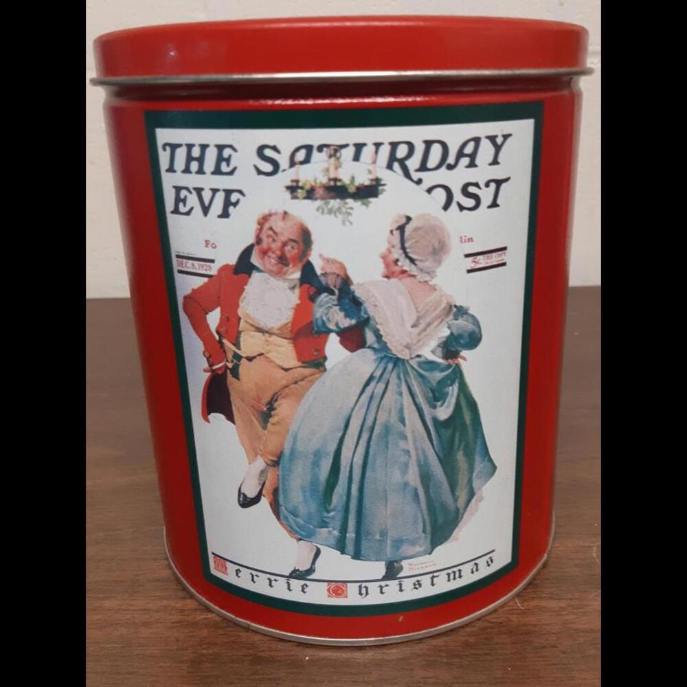 Vintage Red Tin Canister with Lid - The Saturday Evening Post